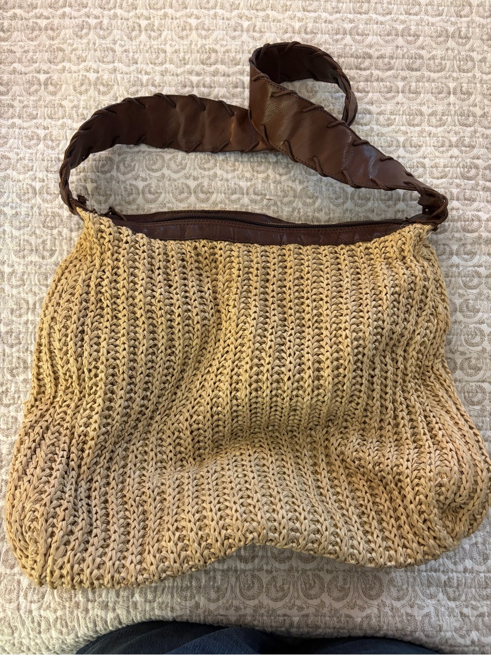 Preston & York Natural Woven Shoulder Bag with Brown Leather Strap